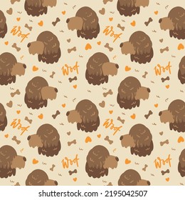Seamless repeating childish simple pattern with cute doggies, bones, hearts