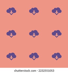 Seamless repeating cloud download flat icon pattern, ruddy pink and dark lavender color. Background for anniversary postcard.