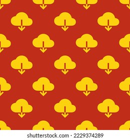 Seamless repeating cloud download sharp flat icon pattern, dark pastel red and yellow (ncs) color. Design for wrapping paper or postcard.