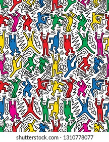 Seamless repeating color wallpaper with dancing figures, original hand drawn vector illustration