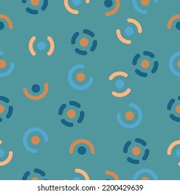 seamless repeating colorful pattern with circular shapes randomly  scattered across a blue square background