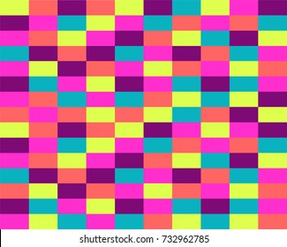 Seamless repeating colorful retro brick wall pixel style background in Vector format in pastel colors of yellow, blue and purple and pink
