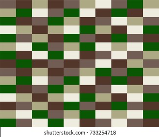 Seamless repeating colorful retro brick wall pixel style background in Vector format in camouflage colors of green, white, gray and brown