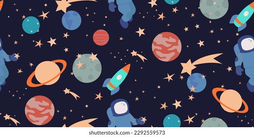 Seamless repeating cosmic pattern of planets, stars and astronaut on a dark background. Children's background for textiles, pajamas and bed linen.