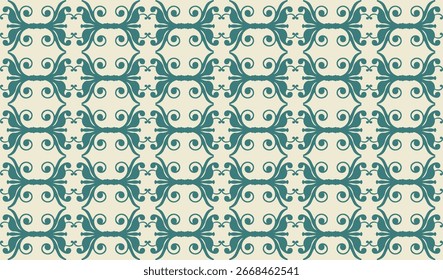 A seamless, repeating damask pattern with intricate teal-green floral motifs on a soft, gradient background of cream and light pink.