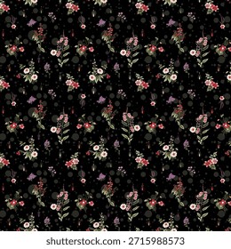 A seamless repeating design of small mixed bouquets of pink, red, white, and purple flowers with green leaves, interspersed with gray translucent circles on a black backdrop.