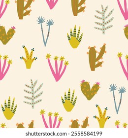 Seamless repeating design with vibrant hand-drawn cacti and plants. Vector hand drawn surface design in freehand style