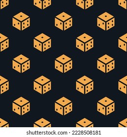Seamless repeating dice sharp flat icon pattern, dark jungle green and yellow orange color. Design for wrapping paper or postcard.