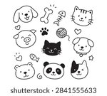 Seamless repeating doodle pattern with smiling pet faces and playful toy symbols like bones fish skeleton yarn ball paw prints hearts and stars in simple black line art