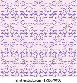 Seamless repeating endless classic pattern purple ornaments on pink light background for textile, cloth, wrapping, fabric prints, wallpaper