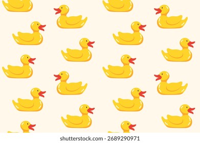 Seamless, repeating, endless pattern featuring multitude of bright yellow rubber duckies on creamy background. Cute vector children's illustration for packaging, textiles, paper, baby care packages.