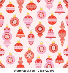 Seamless, repeating, endless pattern of retro Christmas tree decorations in shape of balls, bells, pendants, icicles. Vector illustration suitable for backgrounds, wrapping paper, textile prints.