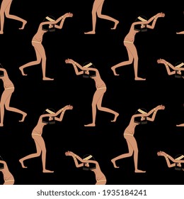 Seamless repeating ethnic pattern with dancing ancient Egyptian girls. On black background.