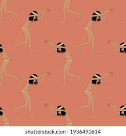Seamless repeating ethnic pattern with dancing ancient Egyptian girls.