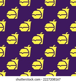 Seamless repeating fast food sharp flat icon pattern, persian indigo and icterine color. Design for wrapping paper or postcard.