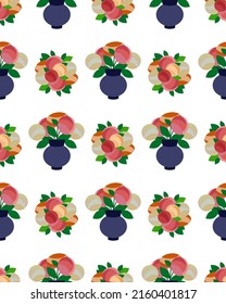 Seamless repeating floral background. A bouquet of flowers in a vase and a rosette of flowers.