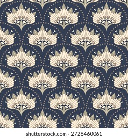 Patrón floral repetitivo sin fisuras en estilo art deco y folk. Elegantes flores en forma de abanico, adorno punteado y fondo oscuro. Conveniente para la tela, el Fondo de pantalla, el papel de embalaje, la papelería y la decoración casera.