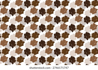a seamless repeating floral pattern featuring stylized five petal flowers in warm brown , beige , and deep navy tones arranged on a soft light background 