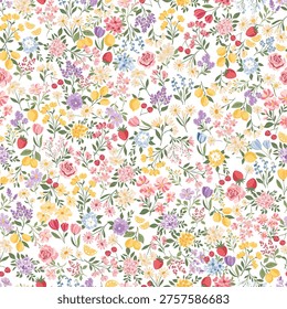 Seamless repeating floral pattern featuring a charming mix of wildflowers, leaves, strawberries, cherries, lemons, and botanical elements. Designed in a soft pastel color palette with a delicate hand-drawn style, perfect for fabric, home textiles, wallpaper, wrapping paper, and surface design projects. Ideal for spring and summer themed collections