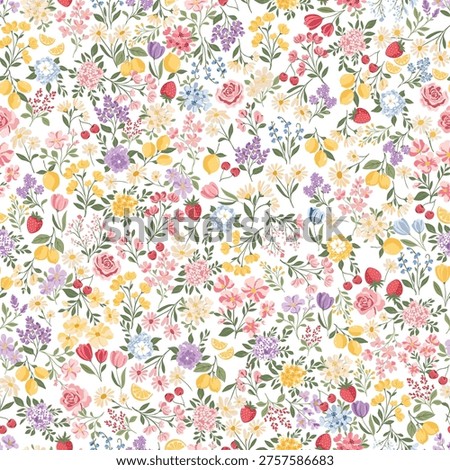 Seamless repeating floral pattern featuring a charming mix of wildflowers, leaves, strawberries, cherries, lemons, and botanical elements. Designed in a soft pastel color palette with a delicate hand-drawn style, perfect for fabric, home textiles, wallpaper, wrapping paper, and surface design projects. Ideal for spring and summer themed collections