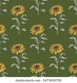 Seamless repeating floral pattern with sunflower plants.