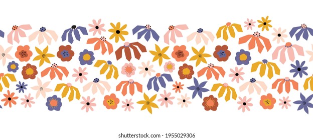 Seamless repeating Flower border blue purple orange yellow pink. Cute floral horizontal kids pattern Scandinavian style abstract paper cut flowers for summer autumn decor, fabric trim, footer, banner.