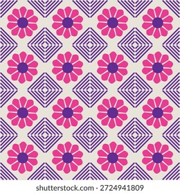 Patrón floral geométrico que repite sin fisuras con flores rosadas estilizadas combinadas con Formas de diamante púrpura audaz sobre un fondo neutro suave. Perfecto para textiles, impresión de telas, Fondo de pantalla, papel de embalaje, moda, decoración del hogar, marca y proyectos de diseño de superficies modernas. Estilo de Vector de alta calidad ideal para uso digital e impreso.
