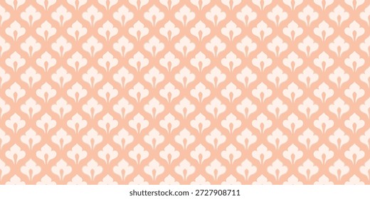 Patrón floral geométrico repetitivo sin fisuras en tonos melocotón y crema suaves. Elegante fondo ornamental inspirado en el damasco tradicional y motivos marroquíes. Ideal para Fondo de pantalla, diseño textil, papel de embalaje, papelería, embalaje, impresiones de tela y proyectos de diseño de superficies modernas.