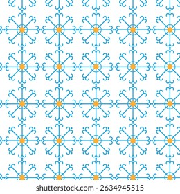 Seamless repeating geometric pattern of blue and yellow snowflakes against white background.