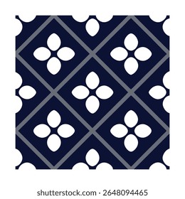 A seamless repeating geometric pattern with a bold and elegant look. Features a dark navy blue background, perfect for fabric, wallpaper, web design, or digital creative projects.