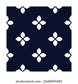 A seamless repeating geometric pattern with a bold and elegant look. Features a dark navy blue background, perfect for fabric, wallpaper, web design, or digital creative projects.