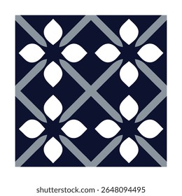 A seamless repeating geometric pattern with a bold and elegant look. Features a dark navy blue background, perfect for fabric, wallpaper, web design, or digital creative projects.