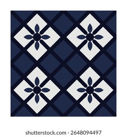 A seamless repeating geometric pattern with a bold and elegant look. Features a dark navy blue background, perfect for fabric, wallpaper, web design, or digital creative projects.