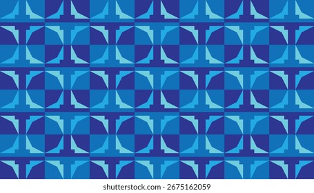 A seamless repeating geometric pattern of circles and squares, to create a visually appealing pattern with a combination of blue colors.