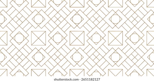 A seamless, repeating geometric pattern with a classic Art Deco aesthetic. The design incorporates squares, circles, and intersecting diagonal lines rendered in a refined gold outline 