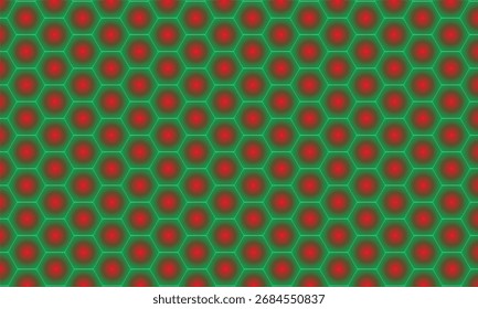 A seamless, repeating geometric pattern composed of interconnected hexagonal shapes in vibrant green and red, with a subtle glowing effect that adds depth and visual interest to the abstract design.