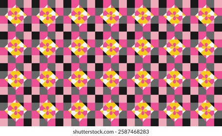 Seamless repeating geometric pattern consisting of diamond shapes, arranged in a grid or checkerboard pattern. Pink, black and yellow