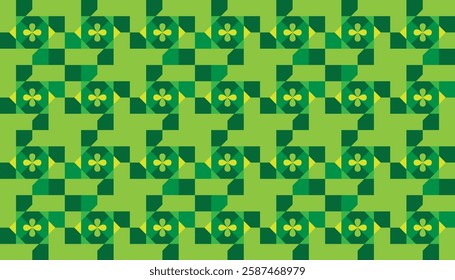 Seamless repeating geometric pattern consisting of circle and square shapes, arranged in a grid or checkerboard pattern. Various shades of green and yellow