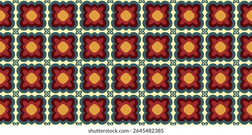 A seamless, repeating geometric pattern with a distinct retro or vintage feel. The design features a stylized, symmetrical motif resembling a flower or a quatrefoil shape, arranged in a grid.