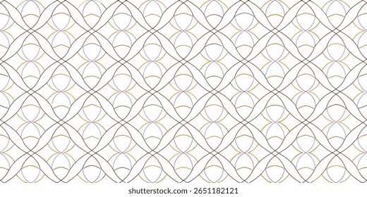 Um padrão geométrico contínuo e repetitivo com formas ovais interligadas em linhas finas marrons, intercaladas com curvas delicadas de ouro e lavanda contra um pano de fundo branco nítido.
