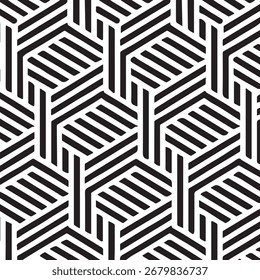 Um padrão geométrico contínuo e repetitivo com formas hexagonais interligadas com listras negras em preto e branco, criando um plano de fundo moderno, abstrato e visualmente impressionante.