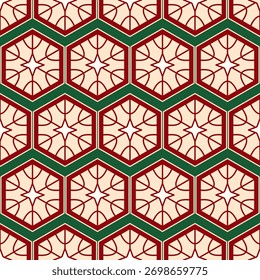 A seamless repeating geometric pattern featuring stylized star or snowflake shapes within intricate red hexagons framed by thick green lines. Classic holiday colors