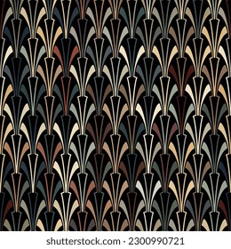 Seamless repeating geometric pattern with multicolored small wavy elements on a black background. Abstract geometric retro style design. Graphic texture. Decorative vector image.