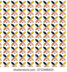 Un patrón geométrico continuo y repetitivo de motivos florales estilizados en colores cálidos y otoñales sobre un fondo blanco.