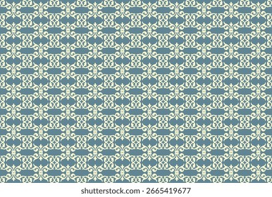 Ein nahtloses, sich wiederholendes geometrisches Muster mit Vintage-Retro-Ästhetik, mit aufwändigen floralen Motiven in gedeckten Blau-, Grün- und Cremetönen.