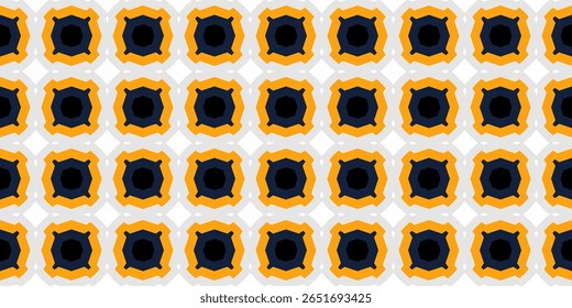 A seamless, repeating geometric pattern of yellow, black, and white octagonal and circular shapes, creating a bold, modern, and retro abstract background.