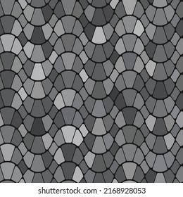 Nahtlose sich wiederholende geometrische Wellenmuster. Graue quadratische Kieselsteine auf schwarzem Hintergrund. Mosaikstil. Vektorgrafik. Toll wie eine Textur.