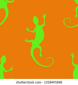 Seamless and repeating green lizard pattern on orange background. Animal of the desert.