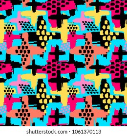 Seamless repeating  hand craft expressive ink pattern. Funky style painted texture, poster with different doodles for fabric, wrapping, decoration, greeting card,  textiles or t-shirt apparel design.