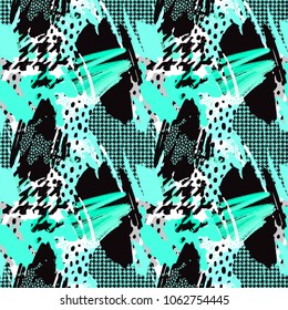 Seamless repeating  hand craft expressive ink pattern. Funky style painted texture, poster with different doodles for fabric, wrapping, decoration, greeting card,  textiles or t-shirt apparel design.